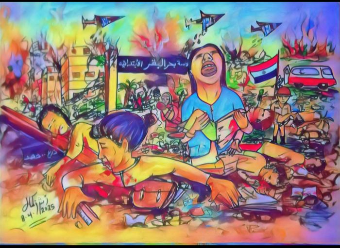لوحة "الدرس الأخير" للفنان "أشرف كمال" .. تجسد مجزرة مدرسة بحر البقر