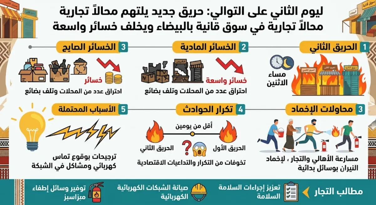 لليوم الثاني على التوالي.. حريق جديد يلتهم محالاً تجارية في سوق قانية بالبيضاء ويخلف خسائر واسعة