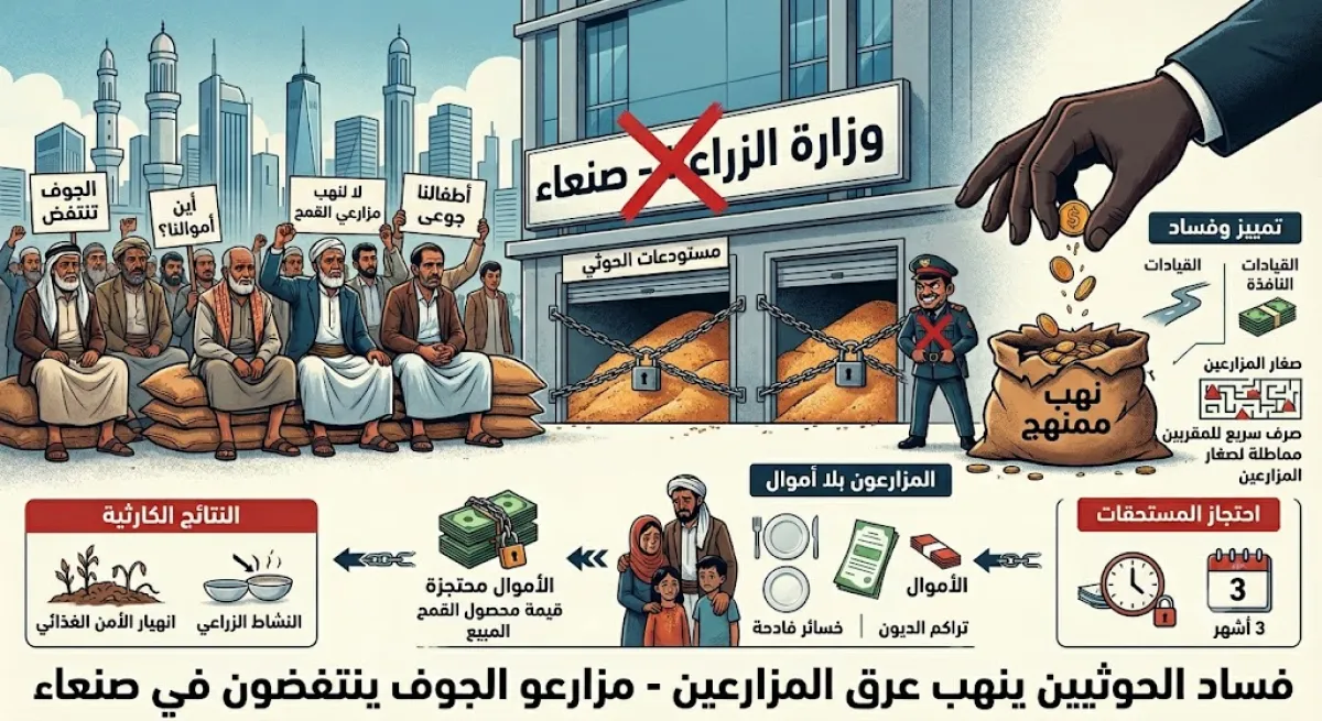 فساد الحوثيين ينهب عرق المزارعين.. مزارعو الجوف ينتفضون في صنعاء بعد احتجاز أموالهم لأشهر